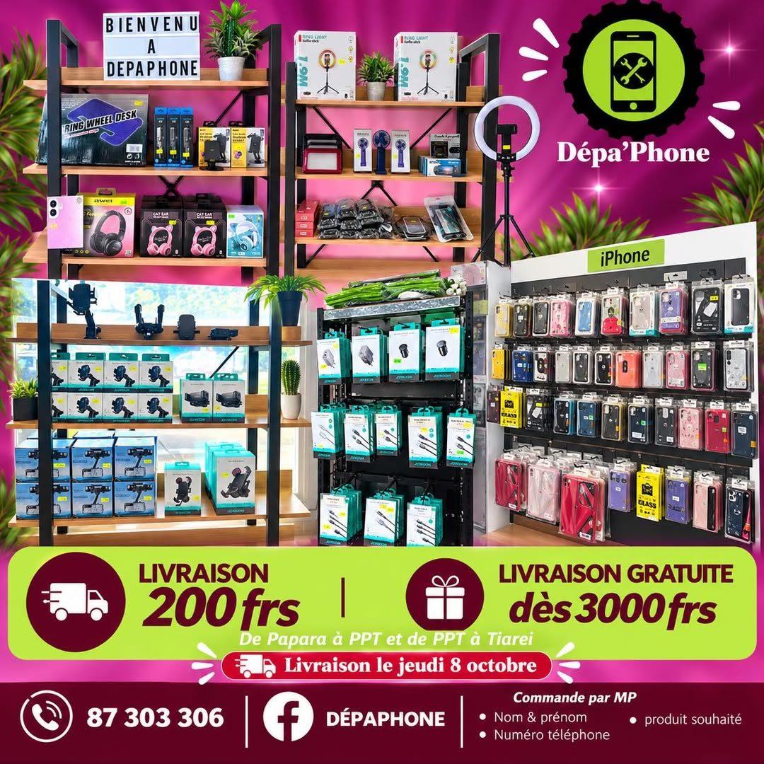 Le mur d'accessoires de la boutique Dépa'Phone à Taravao : coques, câbles, chargeurs